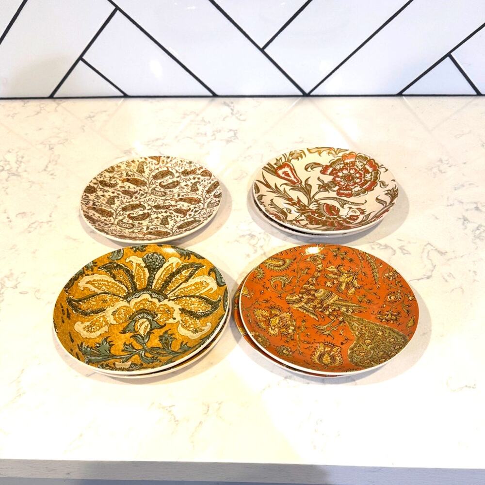 Rare Vintage Pottery Barn "Kalamkari" Small Plates x7 chic Regency Victorian